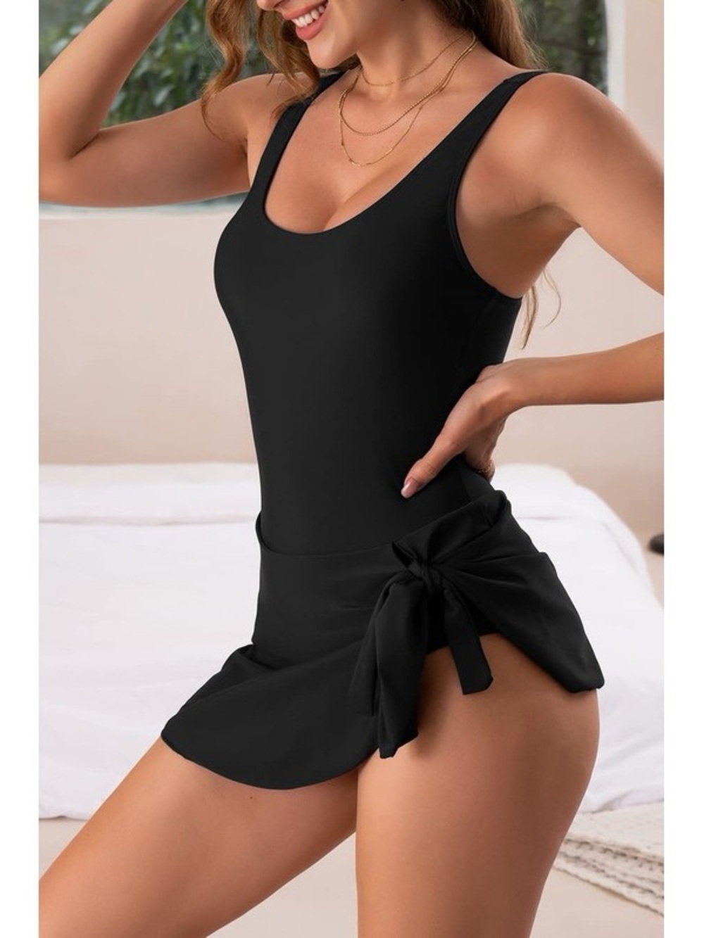 EoMENIE BodyShaping Black One-Piece Swimsuit with Tie Skirt